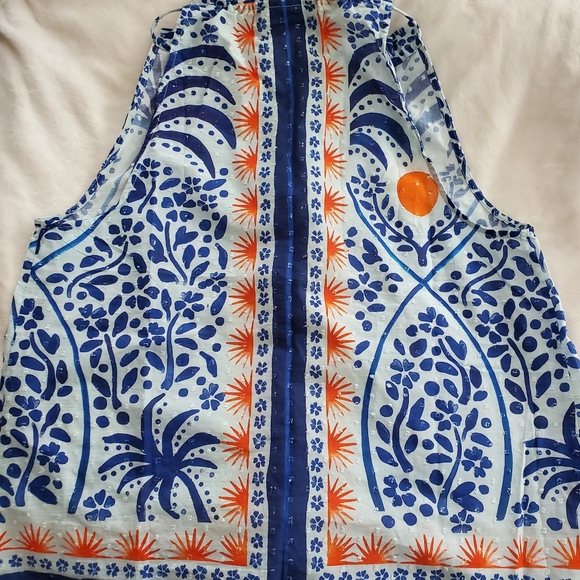 Farm Rio Tank Top Afternoon Breeze Beaded Tassel Tie Cotton Blouse Sz L NWT - Picture 4 of 9